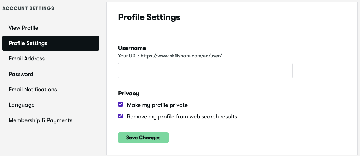 Profile Settings page showing options to make a profile private or remove it from search results