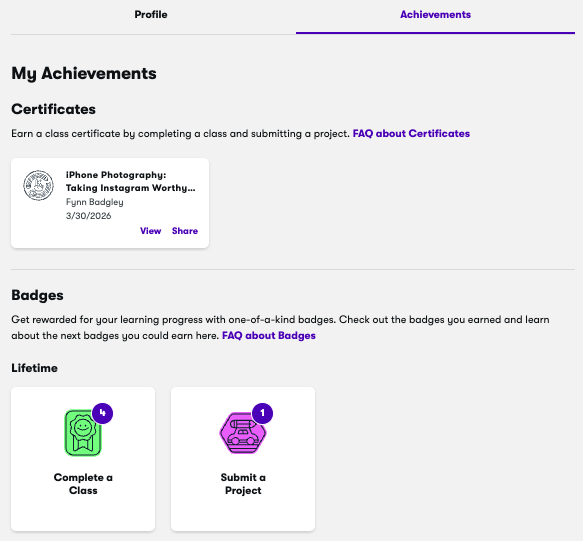 Skillshare Achievements page showing certificates section and badge tiles