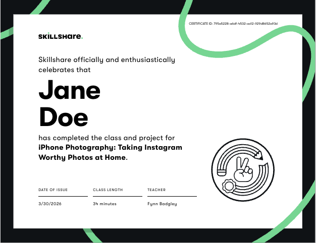 Skillshare class certificate showing learner name, class title, and completion details