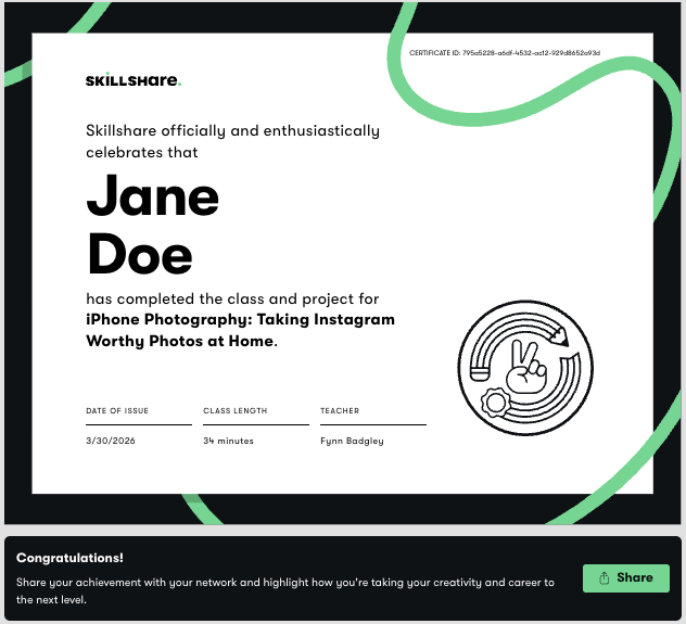 Skillshare certificate page showing the Share button below the certificate